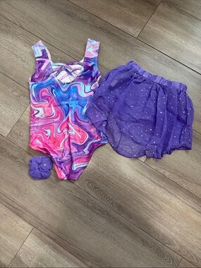 Purple Marble Girls' Matching Dance Set - Tank Leotard with Chiffon Skirt